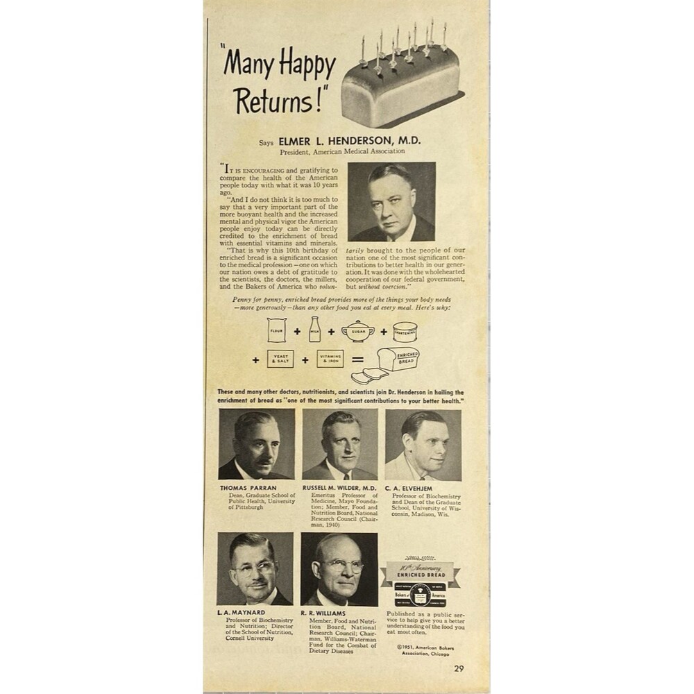 American Bakers Association "10th Anniversary Enriched Bread" Vtg Print Ad 1951